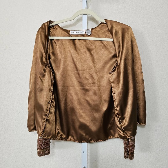 SCALA Vintage 100% Silk Beaded, Embroidered and Sequin Golden Brown Jacket Sz S - Picture 3 of 14